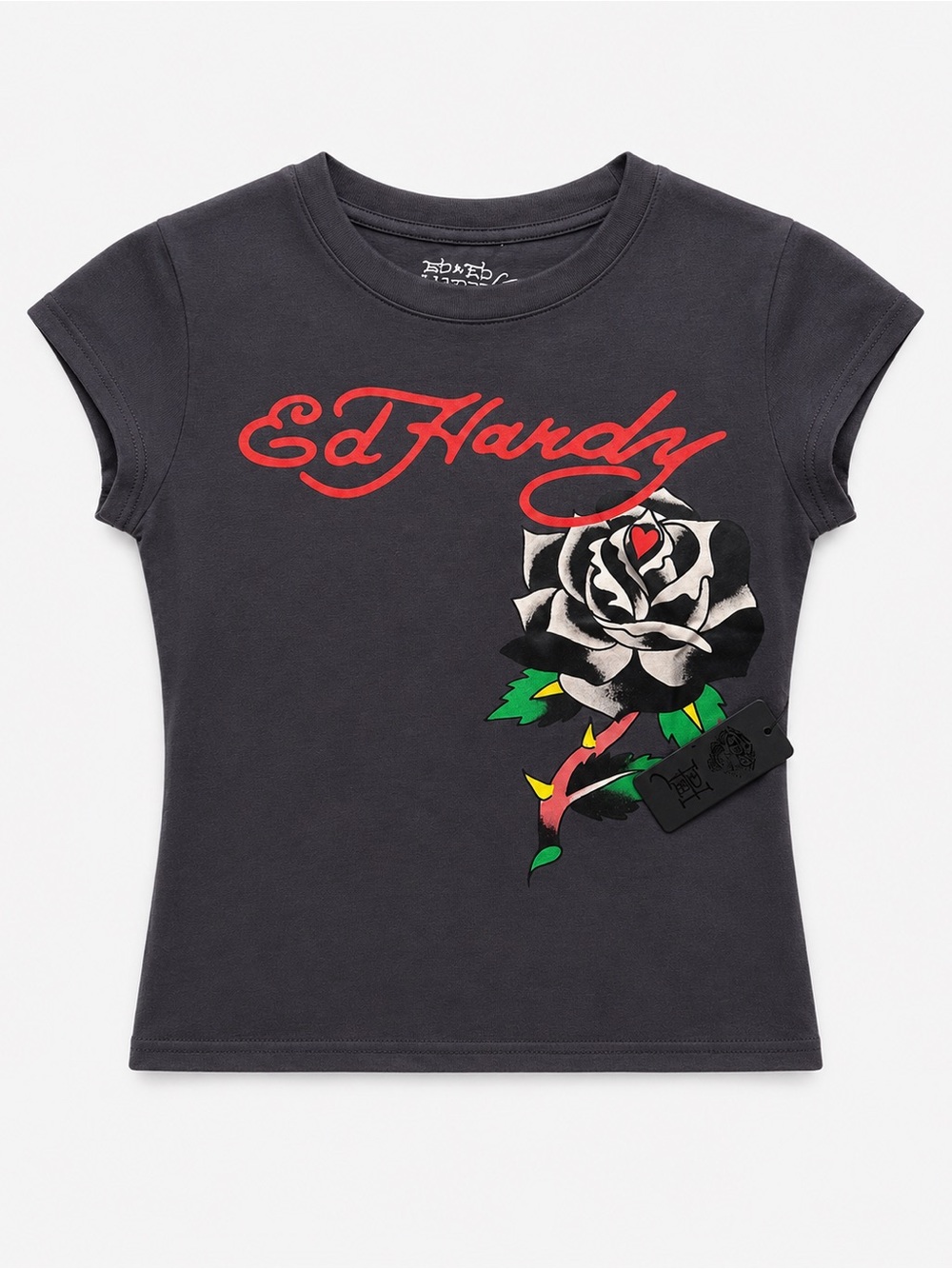 Ed Hardy Y2K Tattoo Graphic Baby Tee Rose Logo Black T Shirt XL
